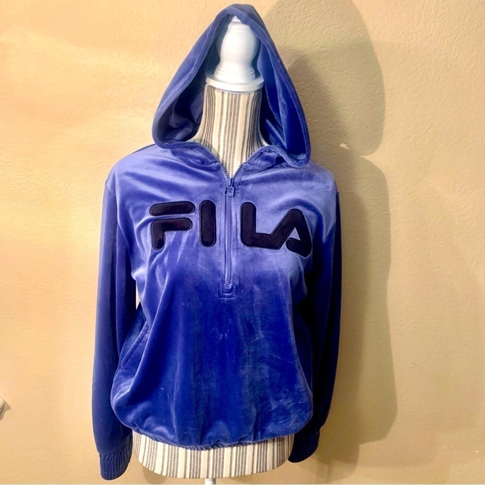 FILA Velour Hoodie Sweatshirt Medium Quarter-Zip Pockets Elastic Waist & Cuffs - Picture 2 of 15